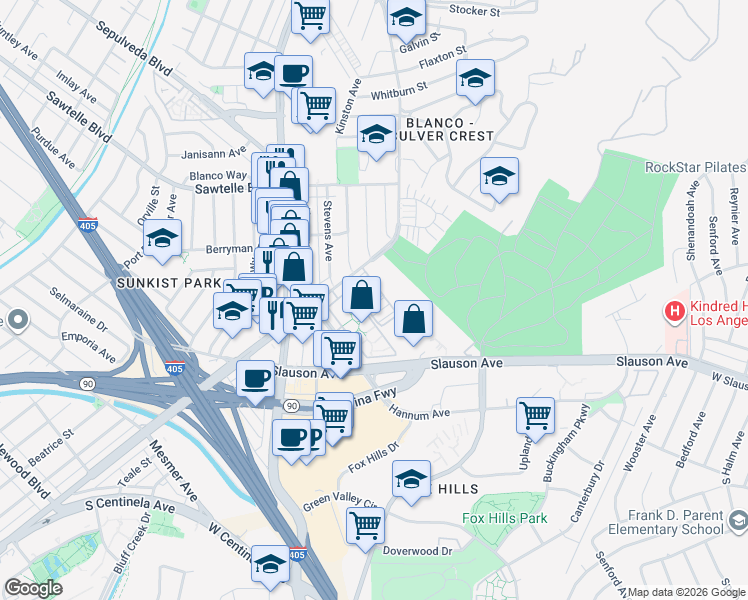 map of restaurants, bars, coffee shops, grocery stores, and more near 11250 Playa Street in Culver City