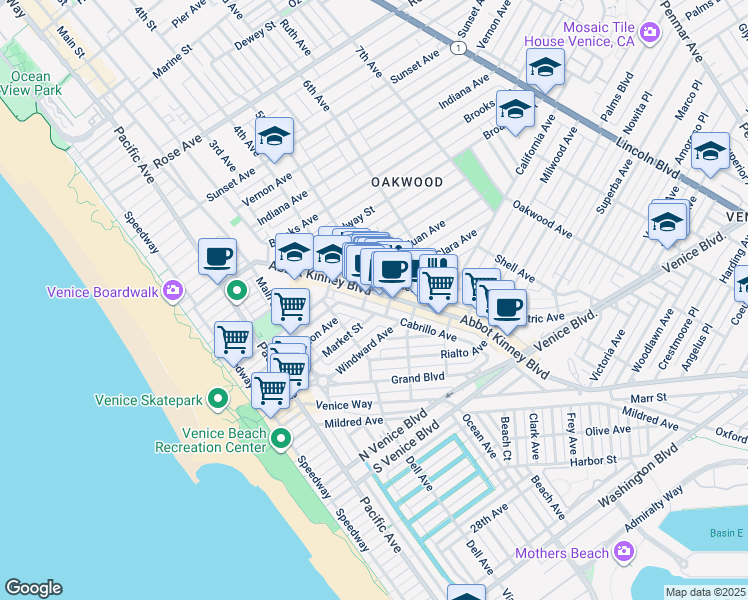 map of restaurants, bars, coffee shops, grocery stores, and more near 1205 Abbot Kinney Boulevard in Los Angeles