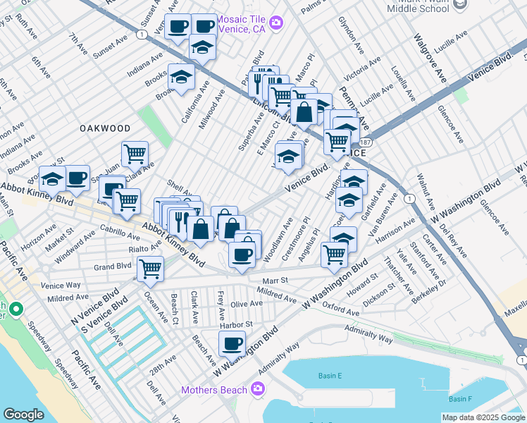 map of restaurants, bars, coffee shops, grocery stores, and more near 2104 Pisani Place in Los Angeles