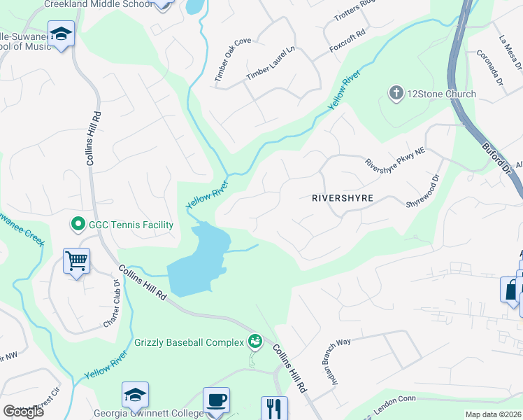map of restaurants, bars, coffee shops, grocery stores, and more near 1615 Rivershyre Parkway Northeast in Lawrenceville