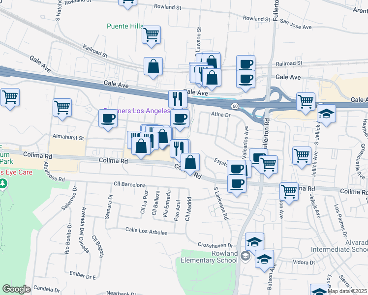 map of restaurants, bars, coffee shops, grocery stores, and more near 1600 Stoner Creek Road in City of Industry