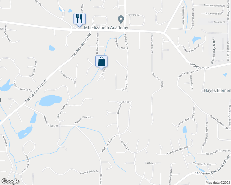 map of restaurants, bars, coffee shops, grocery stores, and more near 1620 Duxbury Lane Northwest in Kennesaw