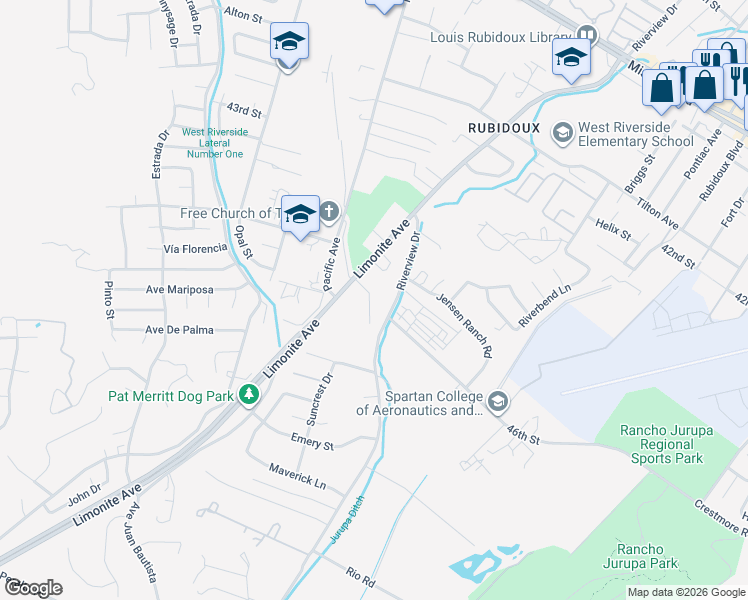map of restaurants, bars, coffee shops, grocery stores, and more near 4572 Plaza Lane in Riverside