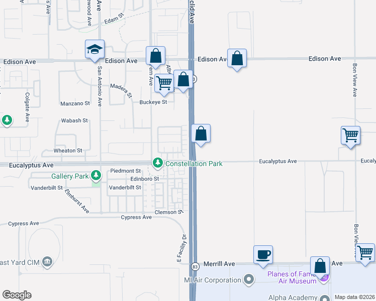 map of restaurants, bars, coffee shops, grocery stores, and more near 14426 Euclid Avenue in Chino