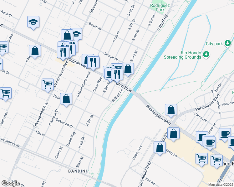 map of restaurants, bars, coffee shops, grocery stores, and more near 1028 South 4th Street in Montebello