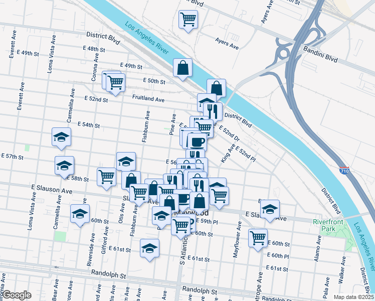 map of restaurants, bars, coffee shops, grocery stores, and more near 5445 South Atlantic Boulevard in Maywood