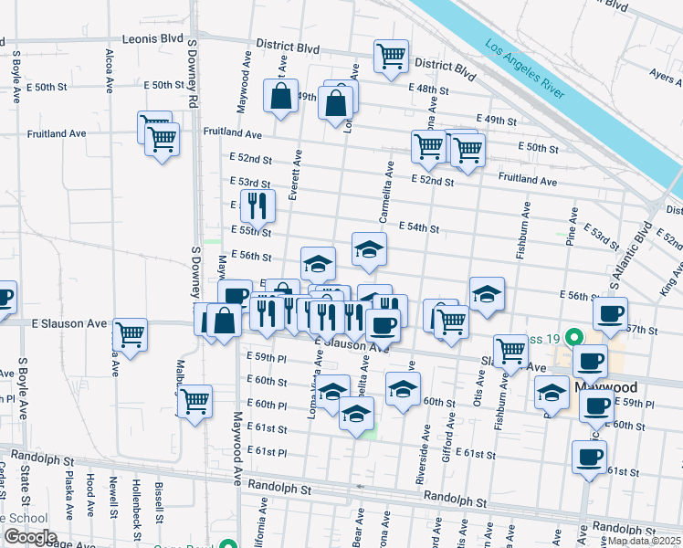 map of restaurants, bars, coffee shops, grocery stores, and more near 3657 East 56th Street in Maywood