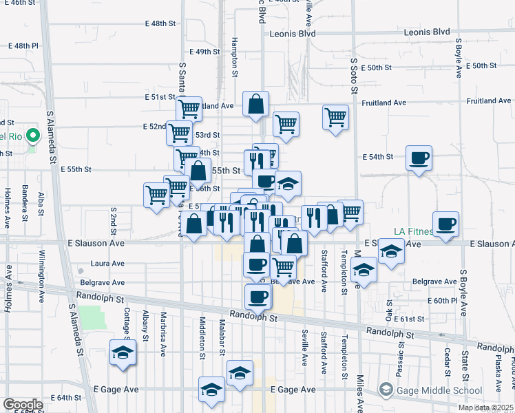 map of restaurants, bars, coffee shops, grocery stores, and more near 5605 Pacific Boulevard in Huntington Park