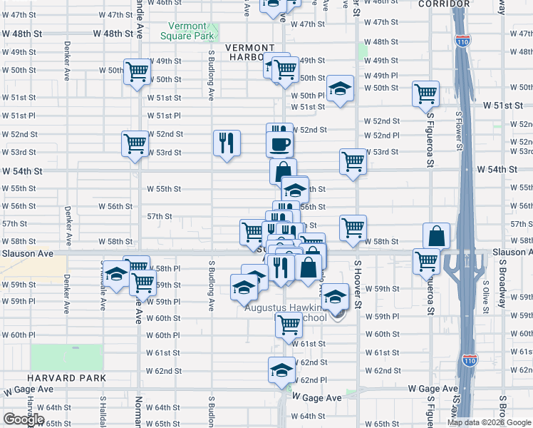 map of restaurants, bars, coffee shops, grocery stores, and more near 1041 West 56th Street in Los Angeles