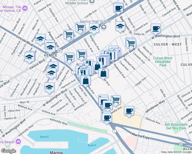 map of restaurants, bars, coffee shops, grocery stores, and more near 4040 Glencoe Avenue in Marina del Rey