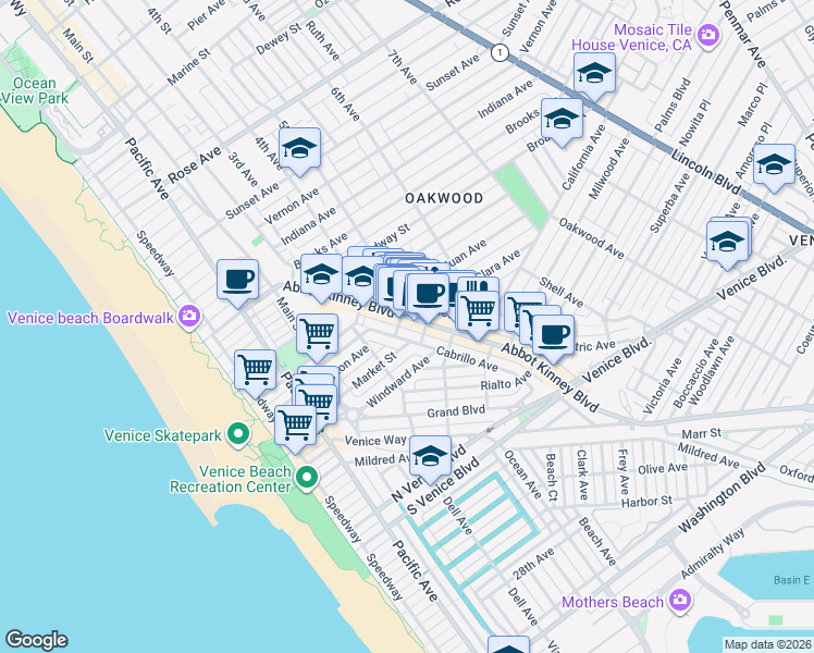 map of restaurants, bars, coffee shops, grocery stores, and more near 1237 Abbot Kinney Boulevard in Los Angeles