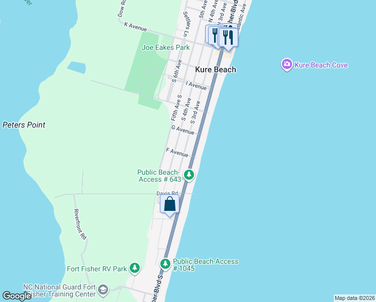 map of restaurants, bars, coffee shops, grocery stores, and more near 526 South 3rd Avenue in Kure Beach