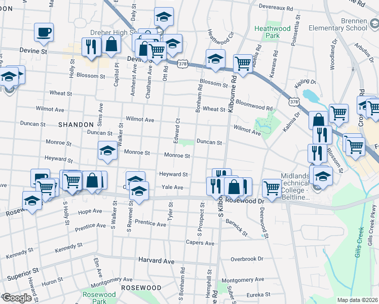 map of restaurants, bars, coffee shops, grocery stores, and more near 3500 Duncan Street in Columbia