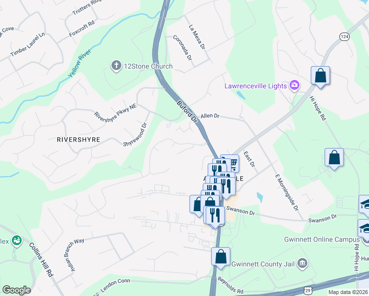 map of restaurants, bars, coffee shops, grocery stores, and more near 730 Victoria Station Boulevard Northeast in Lawrenceville