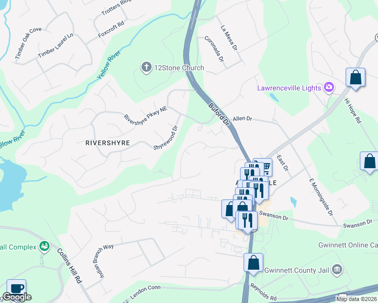 map of restaurants, bars, coffee shops, grocery stores, and more near 1125 Southern Run in Lawrenceville