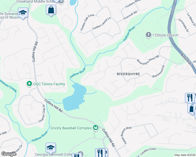 map of restaurants, bars, coffee shops, grocery stores, and more near 1615 Rivershyre Parkway Northeast in Lawrenceville