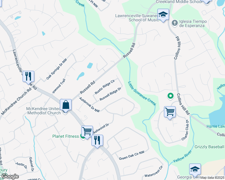 map of restaurants, bars, coffee shops, grocery stores, and more near 385 Russell Ridge Drive in Lawrenceville