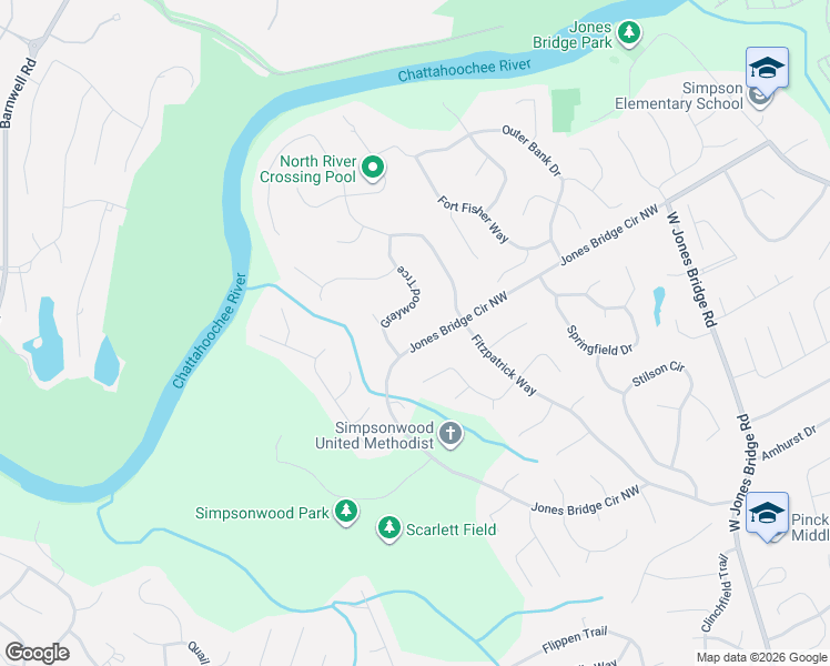 map of restaurants, bars, coffee shops, grocery stores, and more near 4327 Jones Bridge Circle Northwest in Norcross