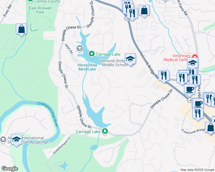 map of restaurants, bars, coffee shops, grocery stores, and more near 105 Morning Bird Court in Roswell