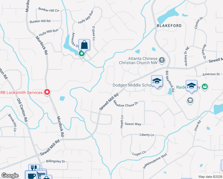 map of restaurants, bars, coffee shops, grocery stores, and more near 3406 Barrington Pass in Marietta