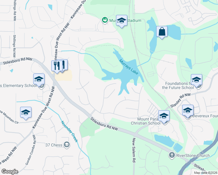 map of restaurants, bars, coffee shops, grocery stores, and more near 1463 Falkirk Lane Northwest in Kennesaw