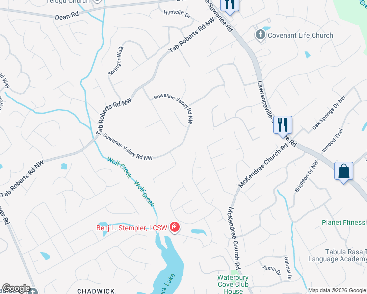 map of restaurants, bars, coffee shops, grocery stores, and more near 1845 Suwanee Valley Road Northwest in Lawrenceville