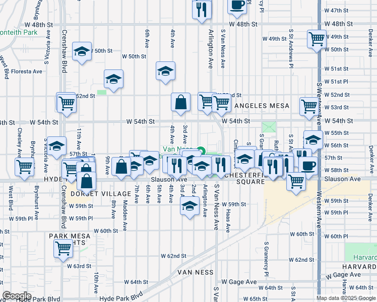 map of restaurants, bars, coffee shops, grocery stores, and more near 5472 3rd Avenue in Los Angeles