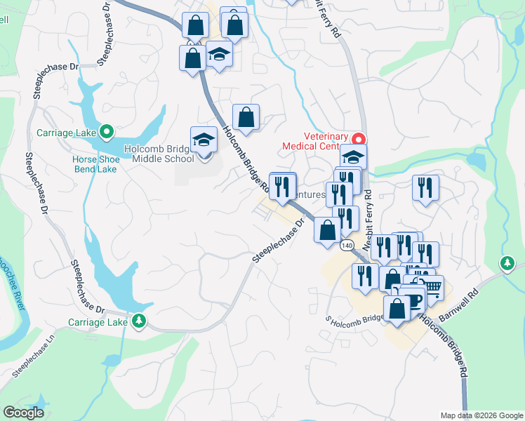 map of restaurants, bars, coffee shops, grocery stores, and more near 2840 Holcomb Bridge Road in Alpharetta