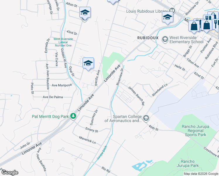 map of restaurants, bars, coffee shops, grocery stores, and more near 4572 Plaza Lane in Riverside
