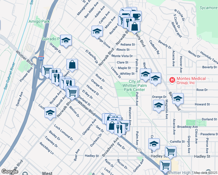 map of restaurants, bars, coffee shops, grocery stores, and more near 11026 Rose Drive in Whittier