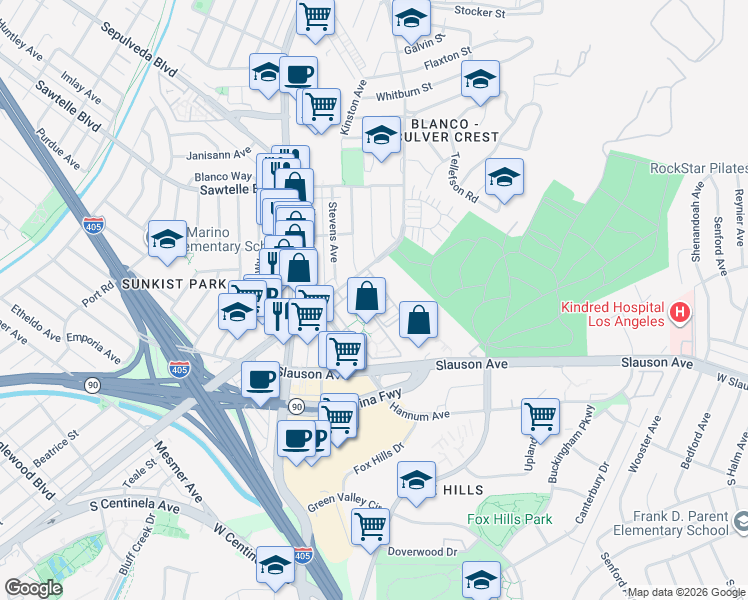 map of restaurants, bars, coffee shops, grocery stores, and more near 11250 Playa Street in Culver City
