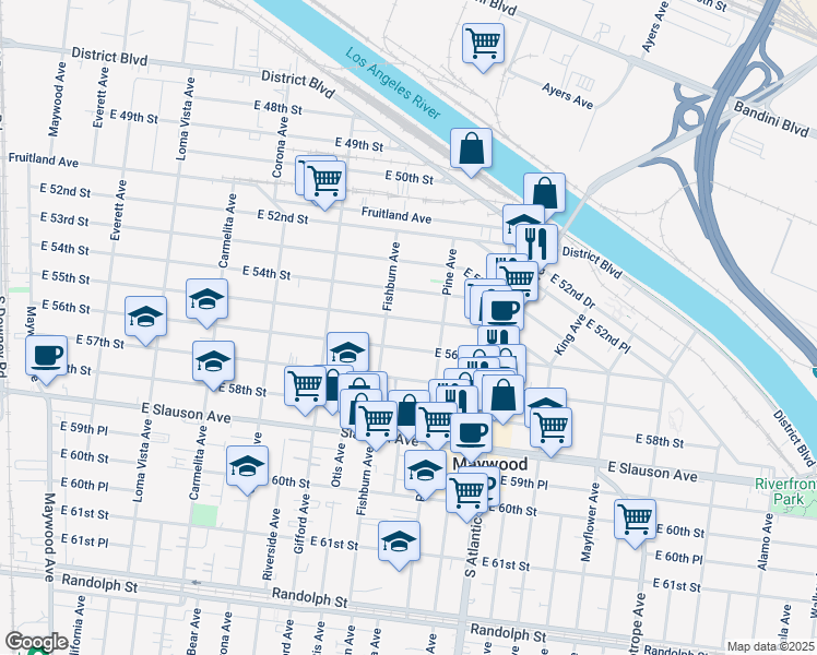 map of restaurants, bars, coffee shops, grocery stores, and more near 4339 East 55th Street in Maywood