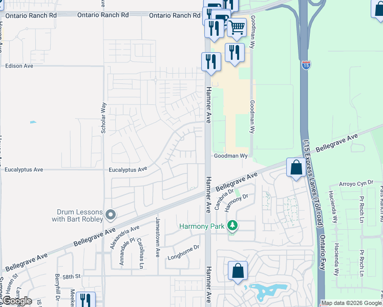 map of restaurants, bars, coffee shops, grocery stores, and more near 4224 East Sonrisa Privado in Ontario