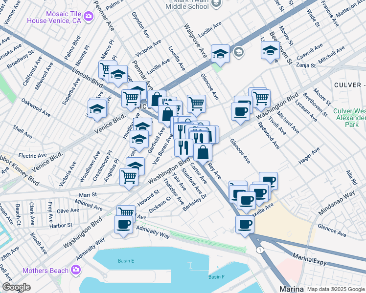 map of restaurants, bars, coffee shops, grocery stores, and more near 2533 California 1 in Los Angeles