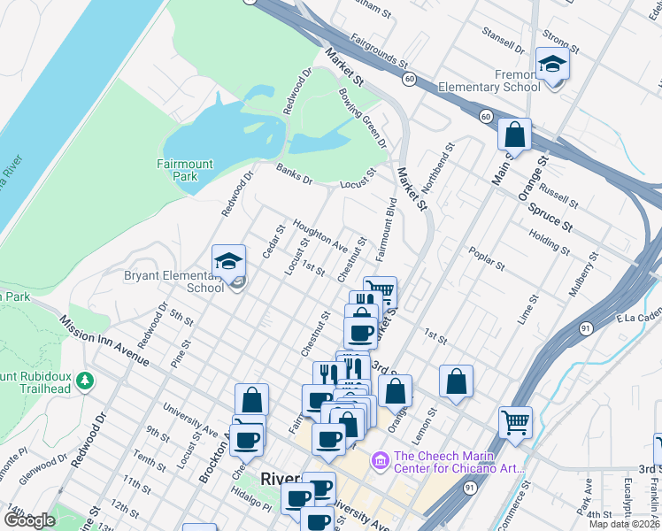 map of restaurants, bars, coffee shops, grocery stores, and more near 3019 Chestnut Street in Riverside