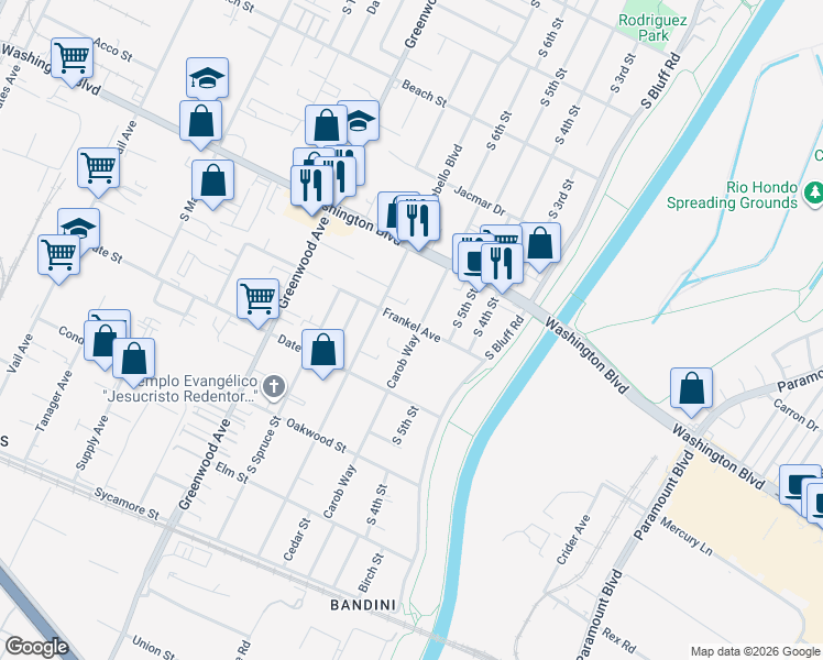 map of restaurants, bars, coffee shops, grocery stores, and more near 1053 Carob Way in Montebello