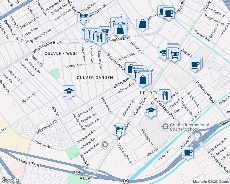 map of restaurants, bars, coffee shops, grocery stores, and more near 12473 Gilmore Avenue in Los Angeles