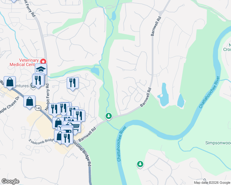 map of restaurants, bars, coffee shops, grocery stores, and more near 8890 Niblick Drive in Alpharetta