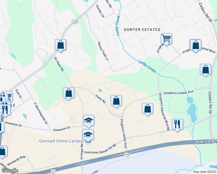 map of restaurants, bars, coffee shops, grocery stores, and more near 1432 Villageside Court in Lawrenceville
