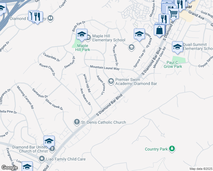 map of restaurants, bars, coffee shops, grocery stores, and more near 1702 Aspen Grove Lane in Diamond Bar