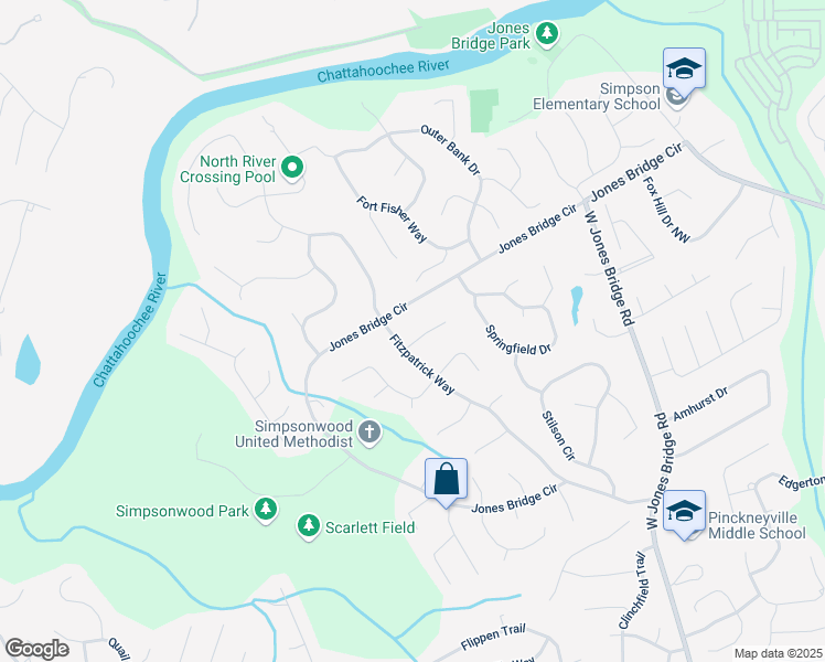 map of restaurants, bars, coffee shops, grocery stores, and more near 4256 Jones Bridge Circle in Norcross