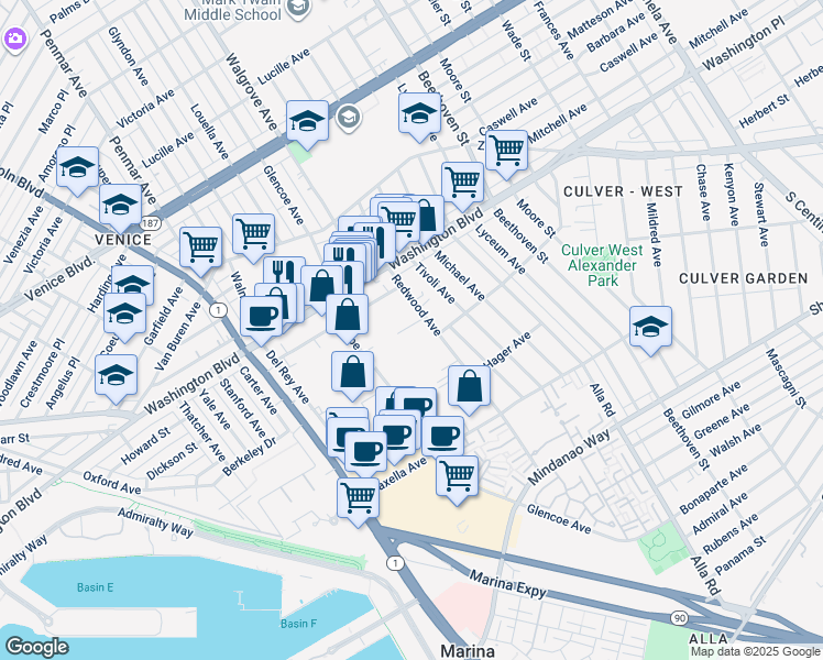 map of restaurants, bars, coffee shops, grocery stores, and more near 4055 Redwood Avenue in Marina del Rey