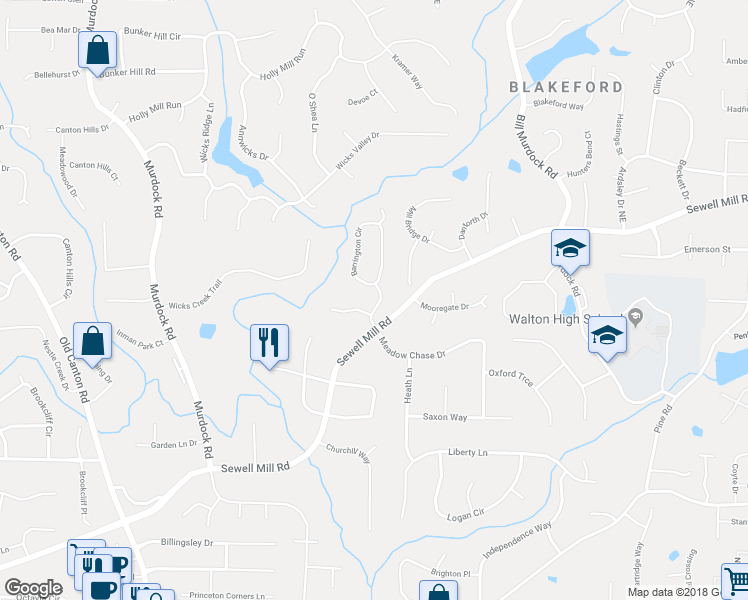 map of restaurants, bars, coffee shops, grocery stores, and more near 3406 Barrington Pass in Marietta