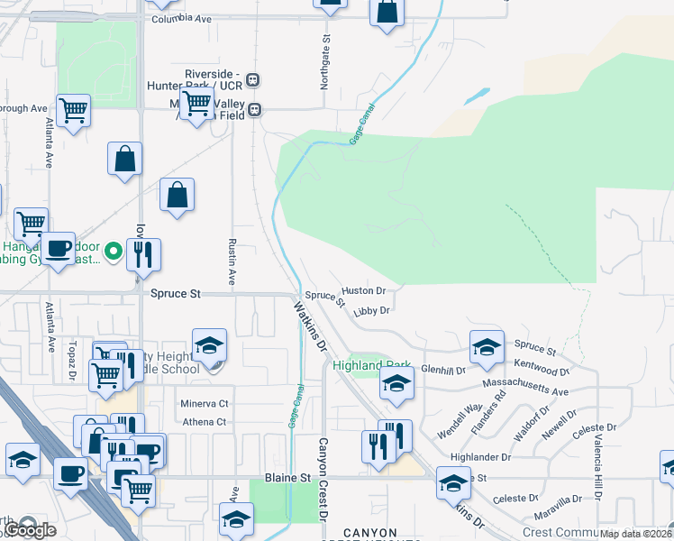 map of restaurants, bars, coffee shops, grocery stores, and more near 2275 Quartz Place in Riverside