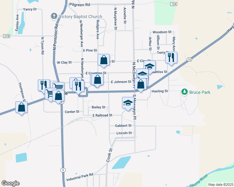 map of restaurants, bars, coffee shops, grocery stores, and more near 203 Highway 32 in Bruce