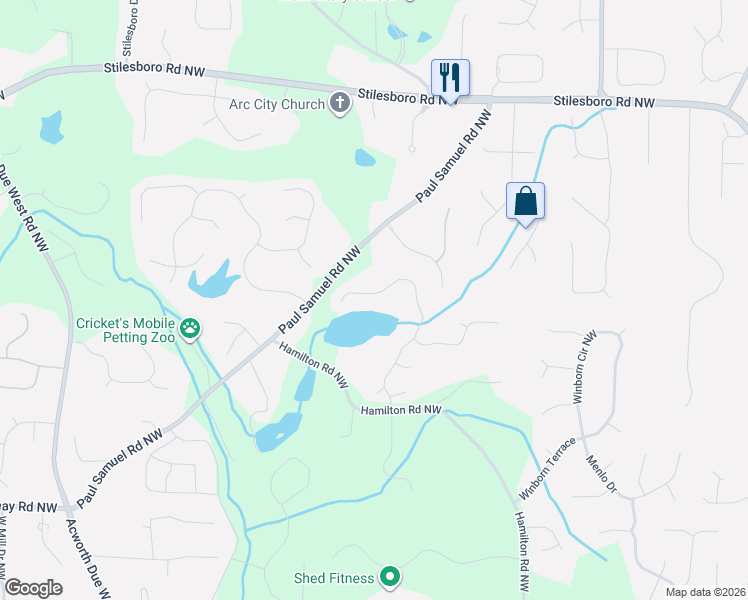map of restaurants, bars, coffee shops, grocery stores, and more near 1452 Sutters Pond Drive in Kennesaw