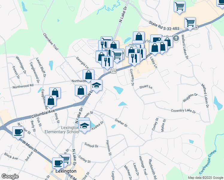 map of restaurants, bars, coffee shops, grocery stores, and more near 305 Abbie Lane in Lexington
