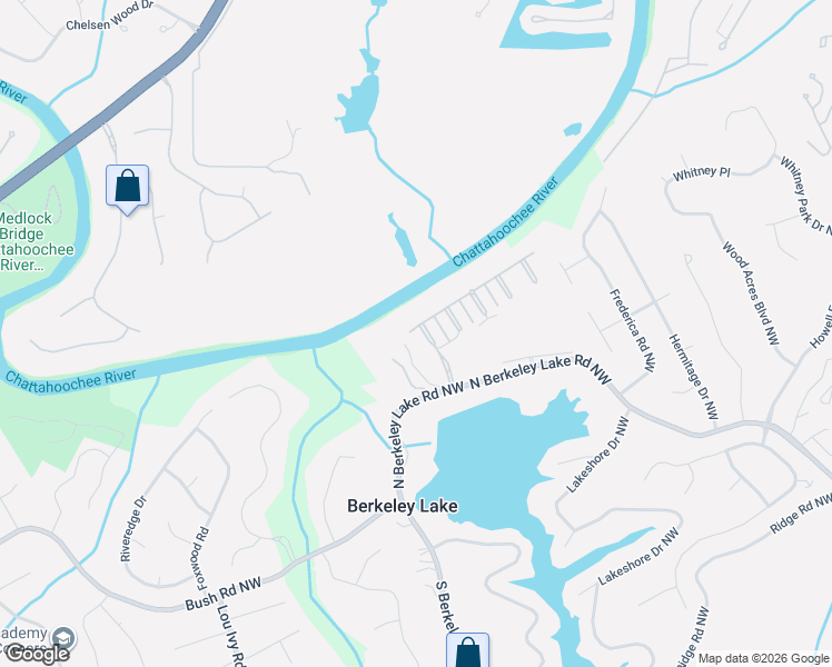 map of restaurants, bars, coffee shops, grocery stores, and more near 4402 River District Way in Berkeley Lake