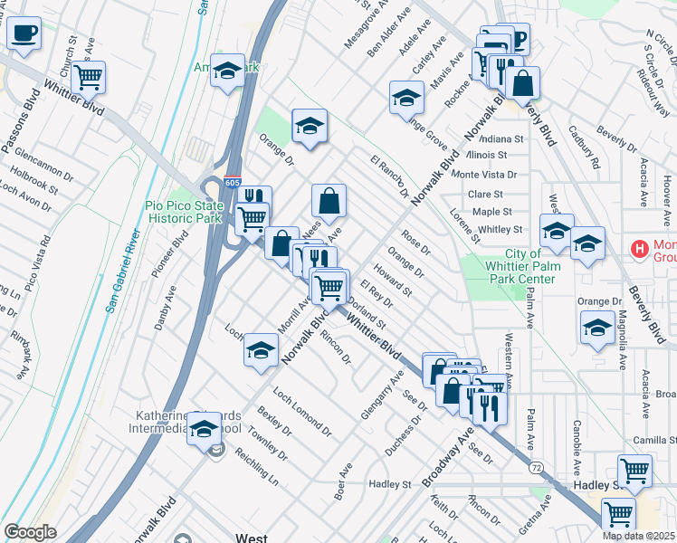 map of restaurants, bars, coffee shops, grocery stores, and more near 5926 Morrill Avenue in Whittier