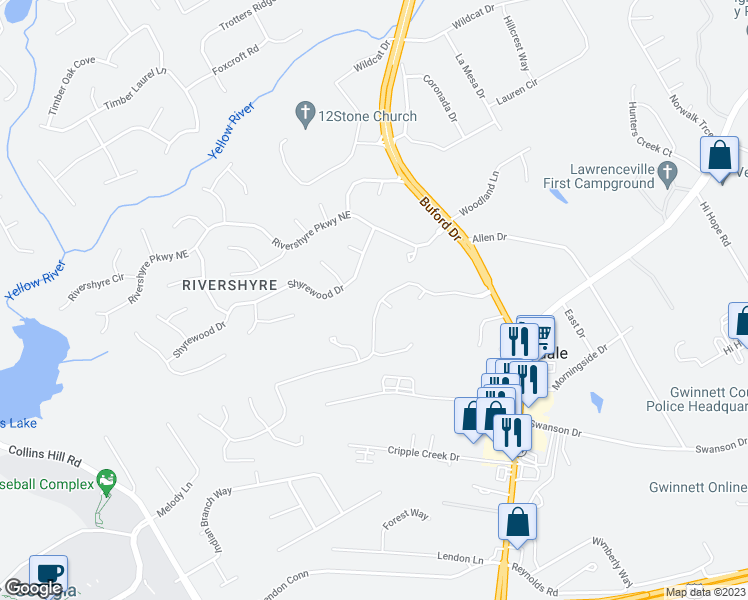 map of restaurants, bars, coffee shops, grocery stores, and more near 610 Victoria Station Boulevard Northeast in Lawrenceville